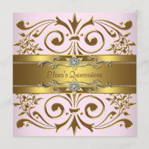 Elegante roze en gouden Quinceanera-uitnodigingen Kaart