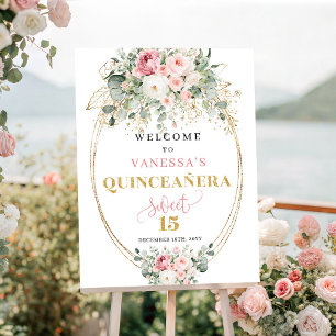 Elegante Roze en Gouden Quinceañera Welkom Bord Poster