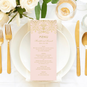 Elegante Roze en Gouden Vintage Glam Huwelijk Menu