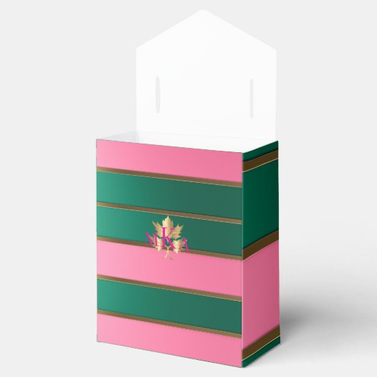 Elegante roze en groene monogram bedankdoosjes (Geopend)