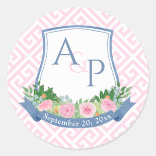 Elegante Roze En Marineblauwe Monogram Trouw Wapen Ronde Sticker