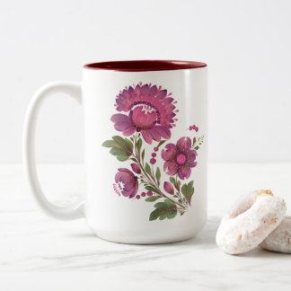 Elegante roze en paarse folk art bloemenaardewerk tweekleurige koffiemok