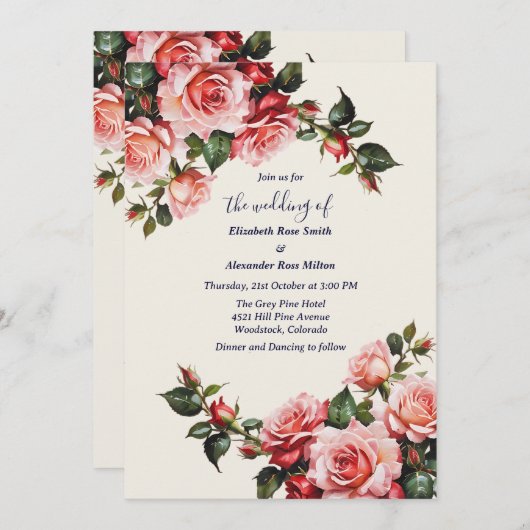 Elegante roze en rode rozen bruiloft uitnodiging (Voorkant / Achterkant)