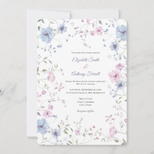 Elegante Roze en Stofblauwe Bloemige Bruiloft Kaart