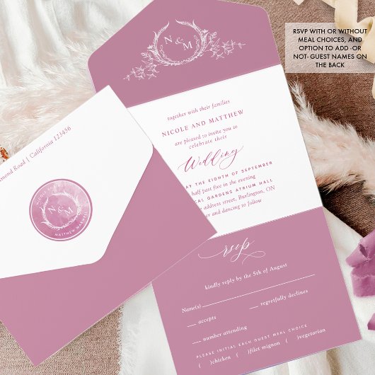 Elegante Roze en Witte Monogram Bruiloft All In One Uitnodiging