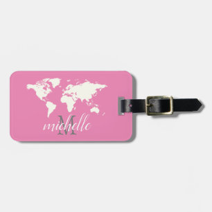 Elegante Roze en Witte Reizen Wereldkaart, Vliegtu Bagagelabel