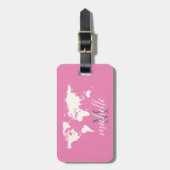 Elegante Roze en Witte Reizen Wereldkaart, Vliegtu Bagagelabel (Voorkant verticaal)