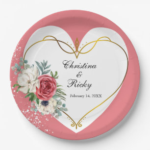 Elegante Roze En Witte Roos Huwelijk Papieren Bordje