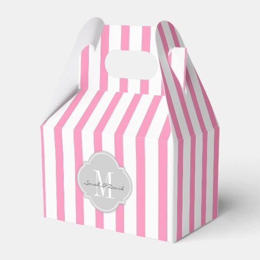 Elegante Roze en Witte Strepen met Monogram Bedankdoosjes (Voorkant Zijde)