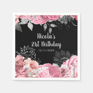 Elegante Roze en Zilveren Bloemen Verjaardagsfeest Servet