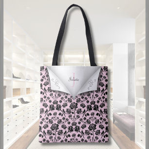Elegante Roze en Zwarte Roos Monogram Naam Boodsch Draagtas