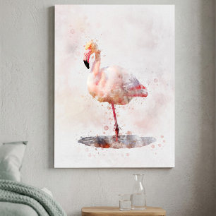 Elegante Roze Flamingo staand in Waterverf Canvas Afdruk
