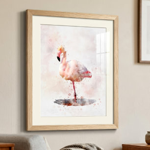 Elegante Roze Flamingo staand in Waterverf Foto Afdruk