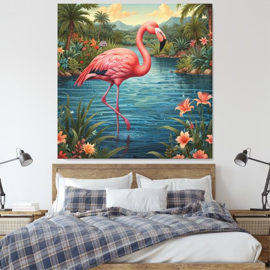 Elegante roze flamingo tropisch paradijs lagune canvas afdruk (Insitu (Slaapkamer))