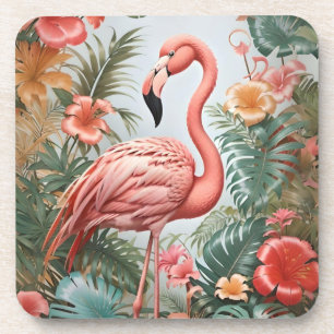 Elegante roze flamingo vogel en tropische bloemen bier onderzetter