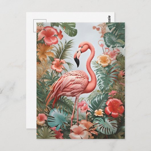 Elegante roze flamingo vogel en tropische bloemen briefkaart (Voorkant / Achterkant)