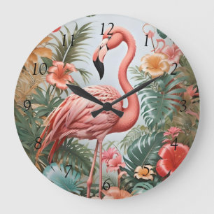 Elegante roze flamingo vogel en tropische bloemen grote klok