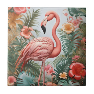 Elegante roze flamingo vogel en tropische bloemen tegeltje