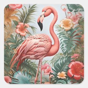 Elegante roze flamingo vogel en tropische bloemen vierkante sticker