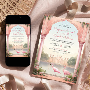 Elegante Roze Flamingo's Indiase Paleis Boog Bruil Kaart