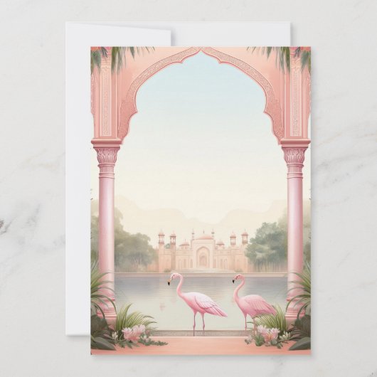 Elegante roze flamingo's Indiase paleisboog bruilo Kaart (Achterkant)