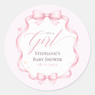 Elegante Roze Flirt Boog Bloemen Baby Shower Ronde Sticker