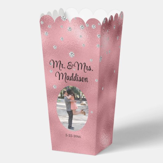 Elegante Roze Folie & Diamant Bruiloft Popcorn Bedankdoosjes (Voorkant)