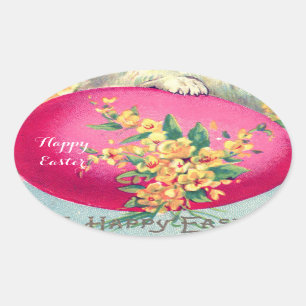 ELEGANTE ROZE FUCHSIA PAASEI EN GELE BLOEMEN OVALE STICKER