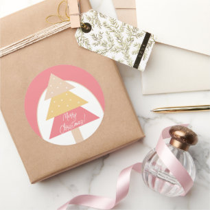Elegante roze geometrische vrolijke kerstboom ronde sticker