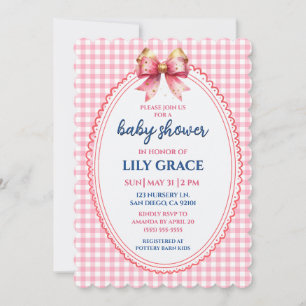 Elegante roze geruite baby shower uitnodiging met 
