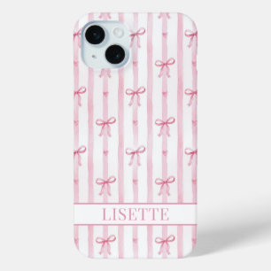 Elegante roze gestreepte Coquette strikken met mon iPhone 15 Mini Hoesje