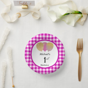 Elegante Roze Gingham & Ballonnen 1e Verjaardag Papieren Kommen