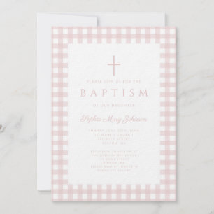 Elegante Roze Gingham Meisje Doop Uitnodiging