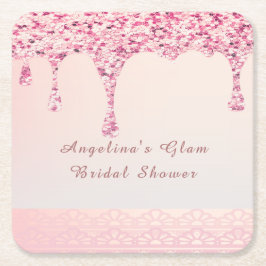 Elegante Roze Glam Glitter Drip Bruidsfeest Vierkante Kartonnen Onderzetter