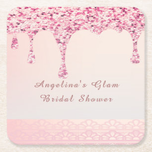 Elegante Roze Glam Glitter Drip Bruidsfeest Vierkante Kartonnen Onderzetter