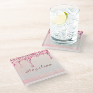 Elegante Roze Glam Glitter Drip Glazen Onderzetter
