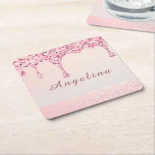 Elegante Roze Glam Glitter Drip Vierkante Kartonnen Onderzetter