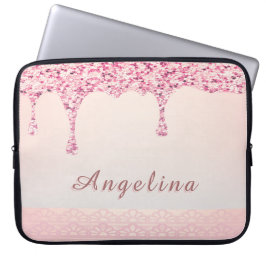 Elegante Roze Glam Glitter Druppel Kant Bruidsdouc Laptop Sleeve