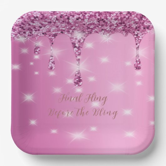 Elegante roze glinsterende druppel vrijgezellenfee papieren bordje (Voorkant)