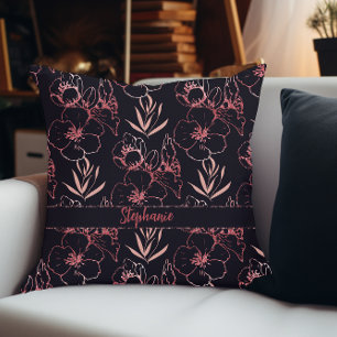 Elegante roze glitter bloemen en bladeren monogram kussen