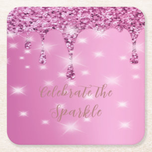 Elegante Roze Glitter Drip Hen Party Vierkante Kartonnen Onderzetter