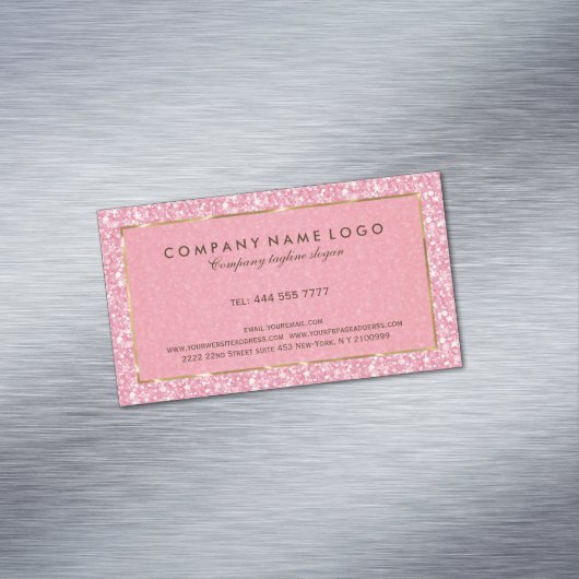 Elegante roze glitter en sparkles gouden accenten magnetisch visitekaartje (Voorbeeld)