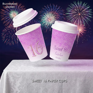 Elegante Roze Glitter Sweet 16 Verjaardag Papieren Bekers