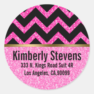 Elegante roze glitter zwart chevron gouden accente ronde sticker