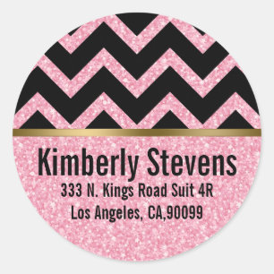 Elegante roze glitter zwart chevron gouden accente ronde sticker