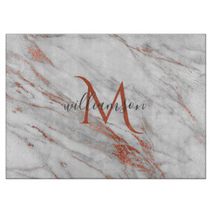 Elegante Roze Goud Koper Wit Marmer Monogram Snijplank