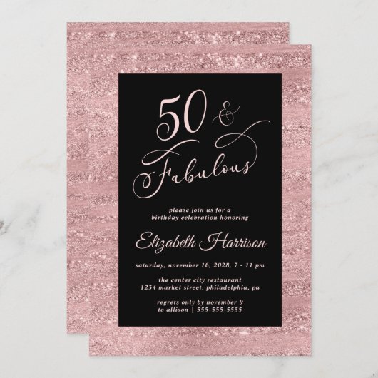 Elegante Roze Gouden 50e Verjaardagsuitnodiging Kaart (Voorkant / Achterkant)