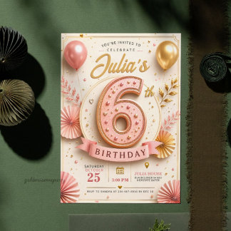 Elegante Roze Gouden 6e Verjaardagsfeestje Kaart