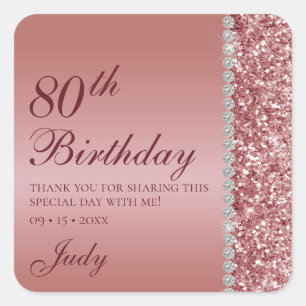 Elegante Roze Gouden 80e Verjaardag Bedankt Vierkante Sticker
