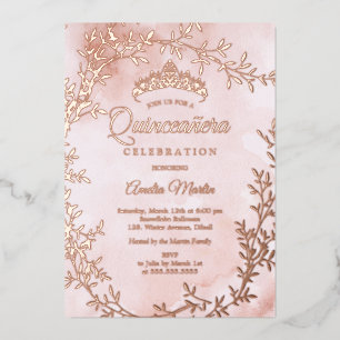 Elegante roze gouden blad krans Quinceanera Folie Uitnodiging